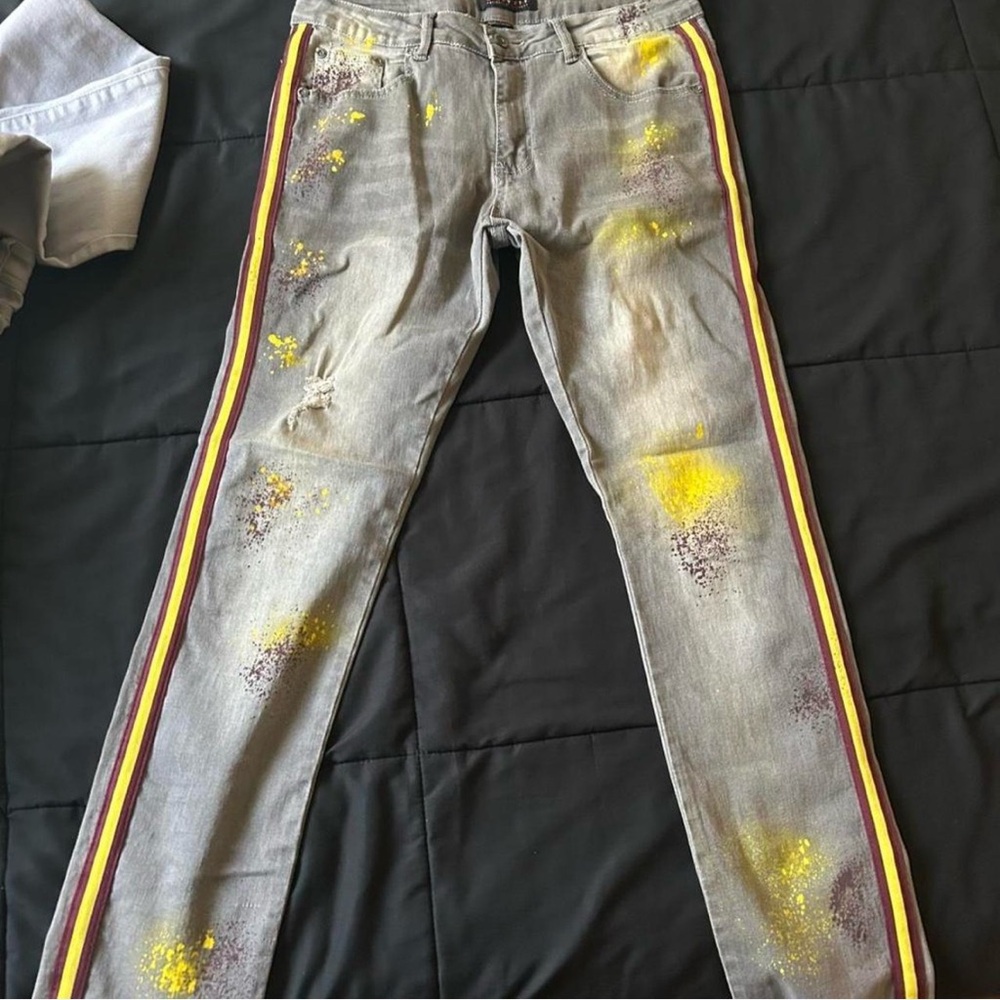 Society Gray Skinny Pants with Yellow and Purple Details